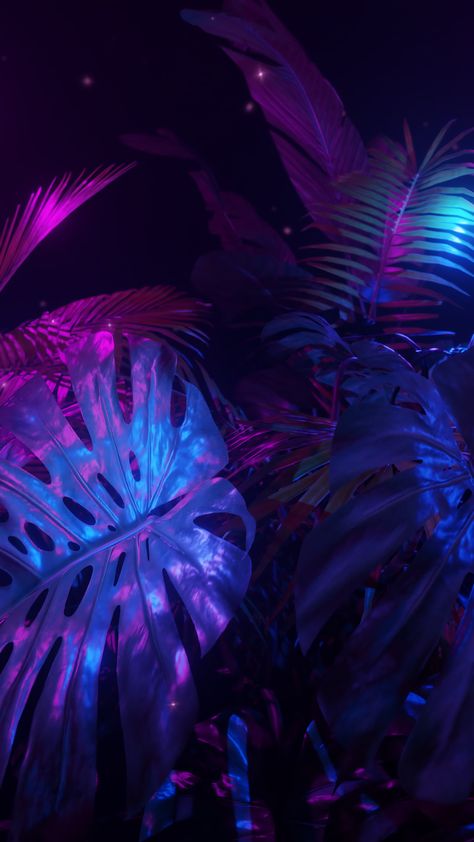 Vertical video Purple and blue neon lights in a dark jungle with tropic plants. Loop animation. Plants And Neon Lights, Jungle Video, 2023 Vibes, Dark Jungle, Scary Story, Blue Neon Lights, Loop Animation, Neon Jungle, Vertical Video