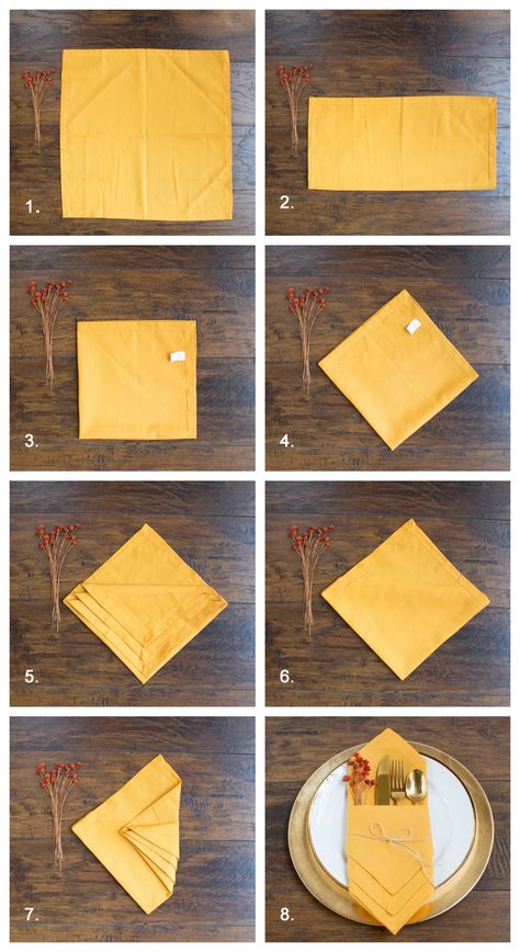 how to fold napkins for a fall table or thanksgiving table using yellow napkins Ways To Fold Napkins, Paper Napkin Folding Ideas, How To Fold Napkins, Thanksgiving Napkin Folds, Diy Napkin Folding, Napkin Folding Tutorial, Napkin Folding Ideas, Fold Napkins, Fancy Napkin Folding