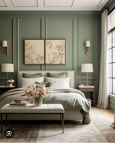 Melanie Jade Designs, Moss Green Bedroom, Jade Green Bedroom, Classical Bedroom, Sage Bedroom, Bed Placement, Wainscoting Bedroom, Home Bedroom Design, Jade Design