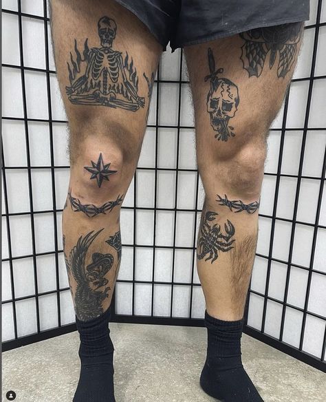 Scattered Leg Tattoos Men, Leg Tattoo Placement Ideas Men, Men’s Traditional Leg Tattoo, Traditional Thigh Tattoos Men, Side Knee Tattoo Men, Men’s Quad Tattoos, Patchwork Leg Sleeve Tattoo Men, Leg Flash Tattoo, Under Knee Tattoo Men