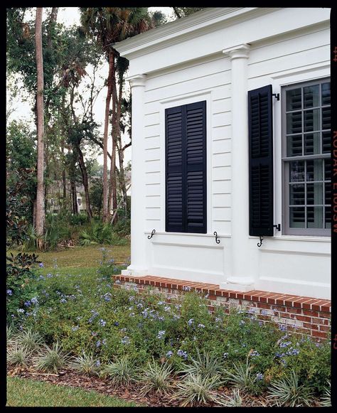 Just Fake It River House Exterior, Colorful Shutters, Bermuda Shutters, Shutter Dogs, Shutter Ideas, Beach Houses Architecture, Greek Revival Architecture, White Exterior Houses, Louvered Shutters