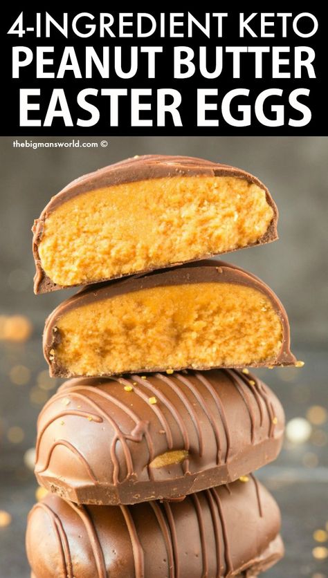 Homemade Keto Peanut Butter Easter Eggs Recipe- BETTER than Reese's Peanut Butter Eggs! No baking, 4 ingredients, paleo, vegan, gluten free, low carb and dairy free- Perfect for Easter! #ketoEaster #Eastereggs #peanutbuttereggs #peanutbutter 4 Ingredient Reeses Eggs, Healthy Peanut Butter Easter Eggs, Healthy Peanut Butter Eggs Recipe, Easter Keto Dessert, Keto Reeses Peanut Butter Cups, Keto Peanut Butter Eggs, Homemade Candy Recipes, Peanut Butter Eggs Recipe, Keto Pies