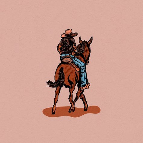 Textured Illustration of Cowgirl on her horse with colors that remind you of a desert sunset. Cowgirl Profile Picture, Cowgirl Aesthetic Background, Country Cartoon Aesthetic, Widgets Country, Cowgirl Riding Horse Tattoo, Cowgirl Art Aesthetic, Cowgirl Widgets, Cowgirl Color Palette, Coastal Cowgirl Aesthetic Wallpaper