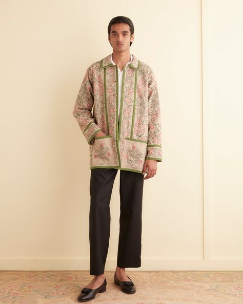 This coat is inspired by an embroidered Victorian travel bag, circa 1860s-1890s. We reproduced the original fabric and floral embroidery for this style. Five front buttons 100% linen Made in India Dry clean only View all jackets Fashion Gender Neutral, Jacket With Embroidery, Mens Tailor, New York Mens, Chore Coat, Wedding Officiant, Cool Jackets, Nike Fashion, Tailored Jacket