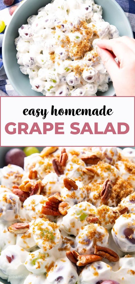 My favorite grape salad: sweet, creamy vanilla cream cheese dressing coats tart green grapes and sweet red grapes, topped with sparkling brown sugar and crunchy pecans. A delicious dessert salad recipe that tastes like fruit-filled cheesecake! | Recipe at BeamingBaker.com Grape Salad With Marshmallow Cream, Snow Grapes Recipes, Leftover Grapes Recipe, Grape Salad With Brown Sugar, Grape Recipes Dessert, Desserts With Grapes, Grape Salad With Cream Cheese, Grape Desserts, Grape Dessert Recipes