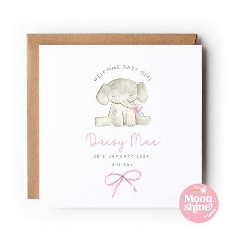 Personalised New Baby Girl Card, New Baby Name card, Congratulations Welcome to the World, New Baby Card, Baby Elephant Card with Dummy card New Baby Names, Baby Girl Card, Name Card Design, Daisy Mae, New Baby Card, Personalized Baby Girl, Name Card