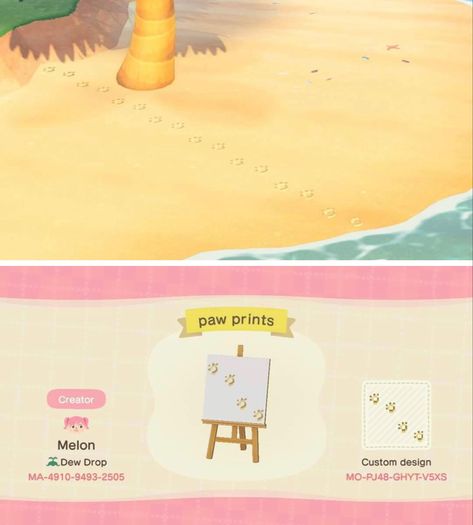 Sand Custom Design Animal Crossing, Acnh Paw Print Design, Beach Animal Crossing Code, Acnh Sand Path Code, Acnh Paw Print Path, Sand Designs Acnh, Clear Path Acnh, Acnh Paw Print, Acnh Pier Design Code