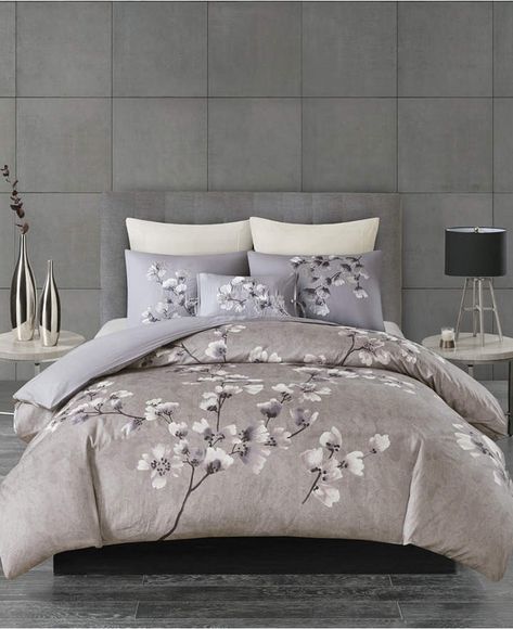 Natori N Natori Sakura Blossom King 3 Piece Cotton Sateen Printed Comforter Set Bedding Bird Bedroom, Lilac Bedroom, Cherry Blossom Decor, Purple Duvet, Purple Room, Cotton Comforter Set, Gray Flower, King Comforter Sets, Cotton Comforters