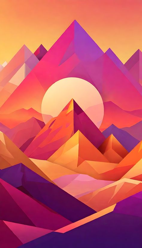 Geometric mountains rise sharply against a warm sunset, their facets casting colors from amber to purple, crafting a modern abstract landscape that glows with the day's last light. Landscape Practice, Mountain Project, Warm Sunset, Geometric Mountain, Sunset Art, Watercolor Landscape, Abstract Landscape, Amber, It Cast