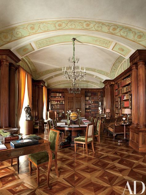 Beneath the library’s vaulted ceiling is a diamond-pattern floor composed of walnut, cherry, and maple. Studio Peregalli, Library Concept, Italy Apartment, Famous Interior Designers, Beautiful Library, Traditional Office, Italian Interior Design, Italian Interior, Home Libraries