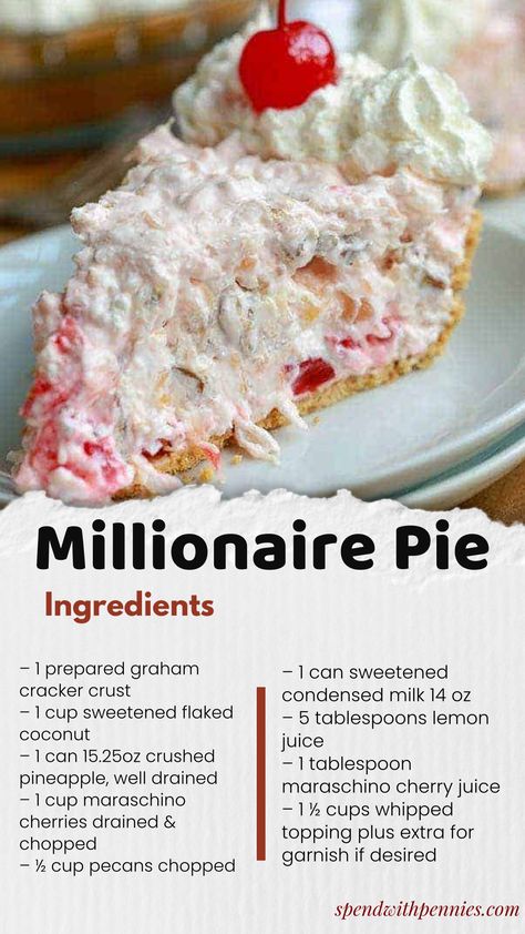 If you like Ambrosia salad, you will love this easy no bake Millionaire Pie recipe! Just 5 minutes of prep for a yummy coconut, pecan & pineapple dessert! Million Dollar Pie Recipe Cool Whip, Million Dollar Pie Recipe, Pineapple Pie Recipe, Millionaire Pie Recipe, Million Dollar Pie, Millionaire Pie, Blueberry Desserts Recipes, Pineapple Dessert, No Bake Summer Desserts