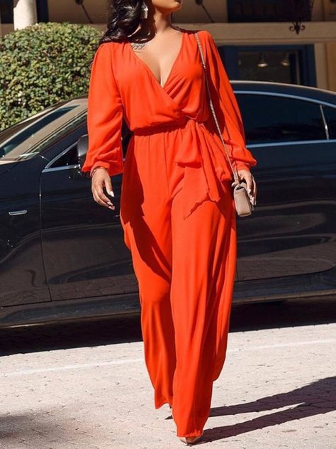 Casual Full Length Plain High Waist Women's Jumpsuit Asos Jumpsuit, Orange Jumpsuit, Bandage Jumpsuits, Elegante Y Chic, Afrikaanse Mode, Loose Jumpsuit, Red Dress Short, Long Jumpsuits, Jumpsuit With Sleeves