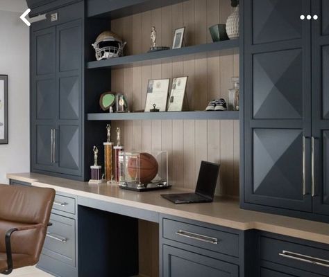 Ikea Office Study, Home Office With Built Ins Cabinets, Built In Office Cabinets Wall Units, Judges Paneling Office, Home Office With Lots Of Storage, Ikea Home Library, Blue Office Built Ins, Black Built Ins Office, Built In Home Office Ideas