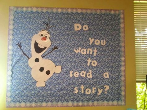 Disney ' s Frozen - Reading bulletin board Disney Reading Bulletin Boards, Frozen Classroom Theme, Disney Reading Corner, Frozen Bulletin Board, Frozen Classroom, Disney Reading, Disney Bulletin Boards, Reading Bulletin Board, December Bulletin Boards