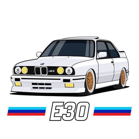 Bmw E30 M3 Drawing, Bmw E30 Drawing, Bmw Shirt, Car Sticker Ideas, Cars Cartoon, Carros Bmw, M3 E46, Bmw Art, Bmw E30 M3