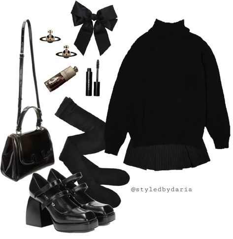 All Black Coquette Outfit, Coquette Outfit Polyvore, Dark Coquette Winter Outfits, Dark Aesthetic Outfits Classy, Dark Preppy Outfits, Black Outfits Cute, Elegant School Outfits, Chic School Outfits, Black Coquette Outfit