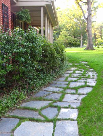 Back door slate will look JUST like this in maybe a year after all that MUD, when grass will finally seed...we should PIN OURS someday when the other areas are complete! Flagstone And Grass Walkway, Slate Stone Walkway, Slate Walkway To Front Door, Fieldstone Walkway, Cottage Walkway, Slate Pathway, Slate Path, Walkway Diy, Slate Walkway