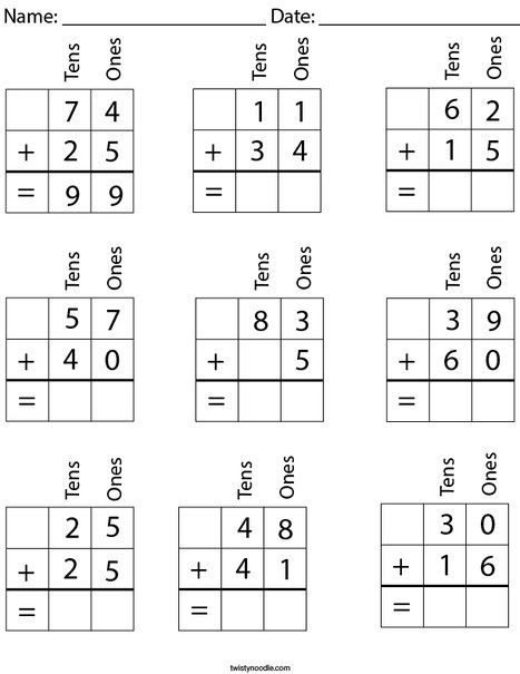 2 Digit Addition with Place Value Math Worksheet - Twisty Noodle Grade 2 Place Value Worksheets, Maths Worksheets Grade 2 Place Value, Math Worksheets 2nd Grade Mental Maths, Adding Two Digit Numbers 2nd Grade, Thousand Place Value Worksheet, 2 Digit Subtraction, Holiday Math Worksheets, Abc Mouse, Mental Maths Worksheets