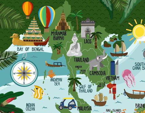 Bethany Lord on Instagram: “A small corner part of a illustrated larger map of South East Asia ☀️ - Started as a sample image that was never used so decided to finish…” Southeast Asia Map, South East Asia Map, South Asia Map, East Asia Map, Asian Maps, South Thailand, Project Cover, Bali Bucket List, Maps Aesthetic