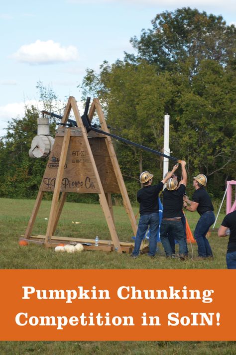 Southern Indiana's Harvest Homecoming Pumpkin Chunking Competition returns, attracting thousands of spectators who want to watch 7lbs pumpkins hurled 100 yards in the air by way of gravity powered trebuchet's created by adult, middle and high school teams from all over. Pumpkin Chunkin, New Albany Indiana, The Great Pumpkin, Great Pumpkin, Community Park, School Team, Business Man, Gravity, Pumpkins