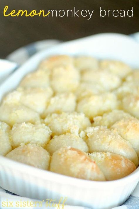 Easy Lemon Monkey Bread Recipe - Six Sisters' Stuff | With only 5 minutes prep, these gooey sweet rolls are perfect for a special weekend breakfast or brunch! #sixsistersrecipes #brunchrecipe Lemon Monkey Bread, Monkey Bread Recipe Easy, Lemon Bread Recipes, Frozen Dinner Rolls, Monkey Bread Recipe, Six Sisters Stuff, Lemon Bread, Breakfast Sweets, Sweet Rolls