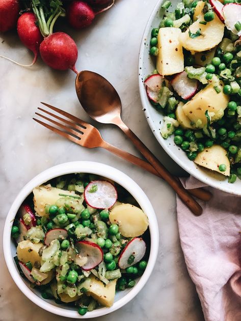 Potato, Pea and Radish Salad with a Mustard Dressing | The Healthy Hunter Radish Potato Salad, Salad With Mustard Dressing, Pea Salad Recipes, Cold Salads, Potato Salads, Mustard Vinaigrette, Radish Salad, Salmon Dinner, Pea Salad