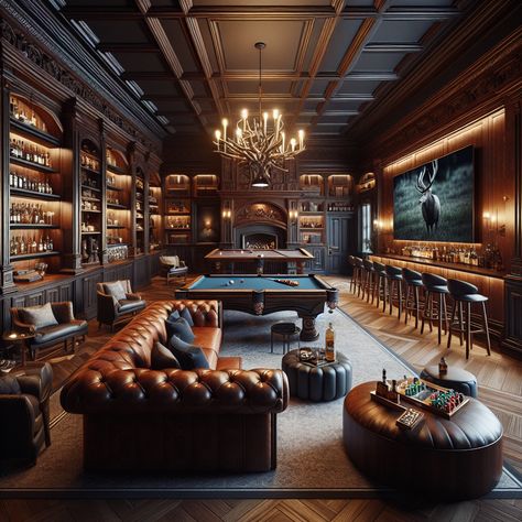 Immerse yourself in a gentleman's retreat, featuring a game room for the modern man. The space is packed with a plush leather couch, mahogany pool table, sleek poker table, stocked bar, vintage decor, and top-notch sound system. #ModernManCave #GentlemansRetreat #LuxuryGameRoom #HomeBar #VintageDecor #PremiumEntertainment. Hacienda Interior, Gentlemans Room, Bar Lounge Room, Modern Hacienda, Whiskey Lounge, Bourbon Room, Whiskey Room, Captivating Aesthetic, Home Bar Rooms