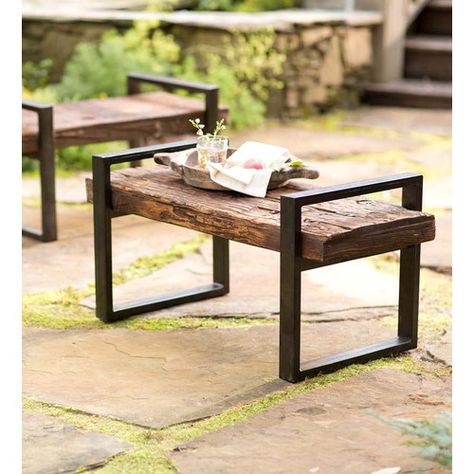 Found it at Wayfair - Reclaimed Wood and Iron Outdoor Garden Bench Kursi Outdoor, Wooden Benches, Outdoor Garden Bench, Reclaimed Furniture, Diy Garden Furniture, Diy Chair, Outdoor Wood, Steel Furniture, Wood Bench