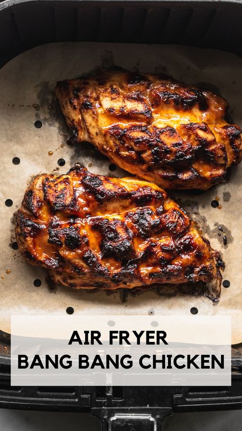 To avoid dry and tasteless chicken, make easy and delicious Air Fryer Bang Bang Chicken Breast. Pantry spices and sweet chili mayo locks in all the flavor and juices. Score the meat and cook in the Air Fryer for a juicy, tender, flavorful protein that tastes great with rice, noodles, or salad! Grill Chicken Air Fryer, Spicy Chicken Air Fryer Recipes, Bang Bang Chicken Air Fryer Recipes, Airfryer Bang Bang Chicken, Air Fryer Chicken Marinade, Chicken Breast Air Fryer Recipes Healthy, Asian Chicken Air Fryer Recipes, Airfryer Chicken Breast Recipes, Scored Chicken Breast Recipes