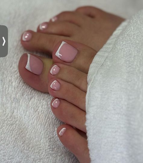 Gel Pedicure French Tip, Deep French Pedicure, French Toenails Pedicures, Pink And White French Pedicure, Thick French Tip Toes, White French Tips Toes, French Toes With Rhinestones, Beach Pedicures, Toe Nail French Tip