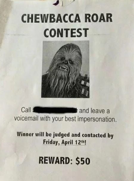 Chewbacca voice contest flyer. April Mop, Evil Pranks, Pranks To Pull, Great Pranks, Office Pranks, Senior Pranks, April Fools Pranks, Best Friend Halloween Costumes, Teen Friends