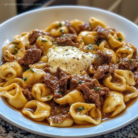 Homemade Cheesesteak Tortellini In Rich Provolone Sauce, Stelline Pasta Recipes, Cheesesteak Tortellini, Provolone Cheese Sauce, Cheesy Noodles, Cheesy Dinner, Rice Sides, Sautéed Veggies, Tortellini Recipes