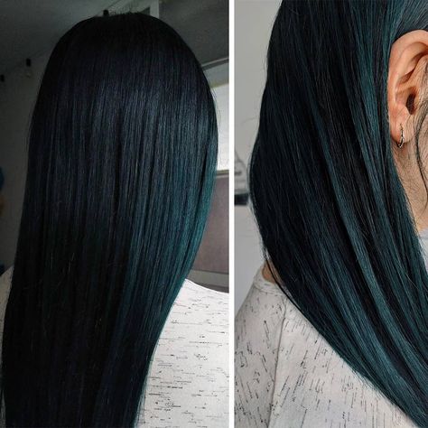 Gorgeous shot of our black-teal shade, Magic Oracle by @genie.unicorn #lunartides #hair #tealhair Hair Colour For Straight Black Hair, Midnight Jade Hair Color, Black Blue Green Hair, Dark Aqua Hair, Midnight Green Hair, Black Teal Hair, Black Hair With Green Undertones, Dark Emerald Hair, Black Green Hair Color