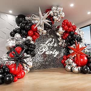 Red And Black Balloon Arch, Red Black White Party, Gray Party Decorations, Black Balloon Arch, Silver Balloon Arch, Red Party Decorations, 2024 Party, 21st Ideas, Black Party Decorations