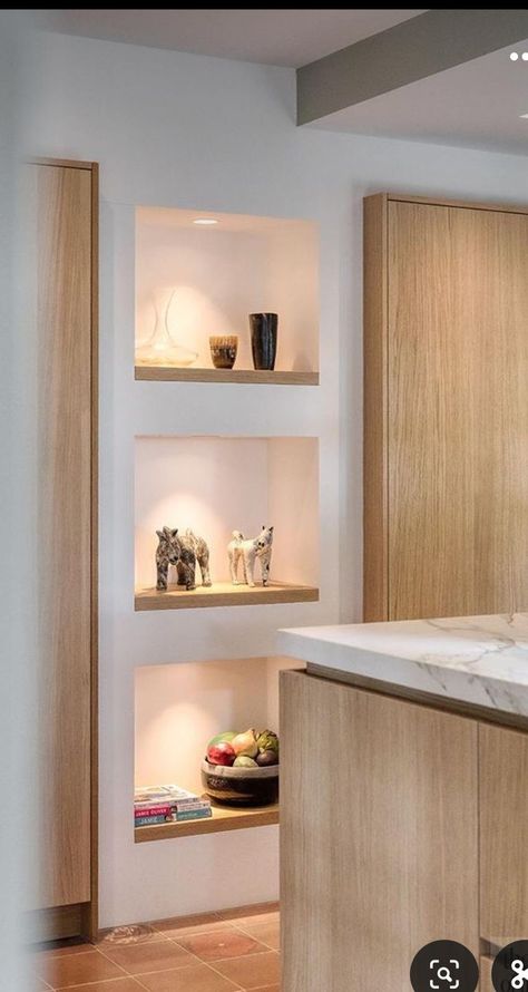 Tiny Niche Ideas, Kitchen Niche Ideas, Kitchen With Stained Cabinets, Wall Niche Ideas Living Room, Niche Ideas Living Room, Niche Living Room, Wall Niches Ideas, Recessed Wall Niche Ideas, Living Room Niche