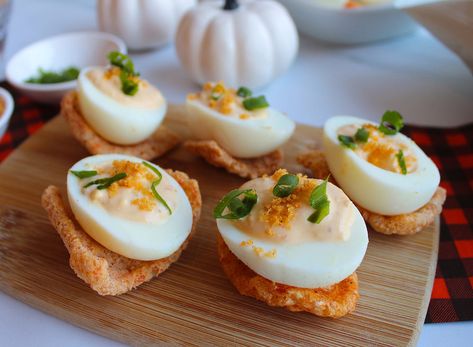 Hot Honey Deviled Eggs| Pork Rind Blog | Pork Rind Recipe Pork Rind Recipes, Egg Appetizer, Pork Rind, Honey Pork, Hot Honey, Pork Rinds, Hard Boiled Eggs, Deviled Eggs, Southern Recipes