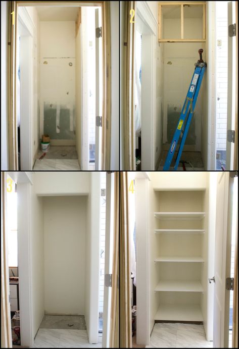 How to make a DIY built-in linen closet by Pneumatic Addict. Want to do this in our master bathroom. Diy Built In Linen Closet, Bathroom Closet Remodel, Bathroom Built Ins, Linen Closet Design, Linen Closet Makeover, Bathroom Linen Closet, Diy Built In, Closet Transformation, Modern Master Bath