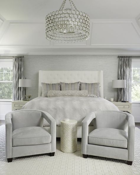 Glam and sophistaced master bedroom design. Adding two accent chairs for another place to relax. #greyandcream bedroom #glasschandelier Master Bedrooms Decor White And Grey, Bedroom Sitting Area With Mirror, Seating In Master Room, Two Chairs At End Of Bed, Bedroom Couches Master, Chairs At End Of Bed Bedroom, Chairs In Master Room, Bedroom Accent Chairs Master, Guest Bedroom Ideas Modern Luxury