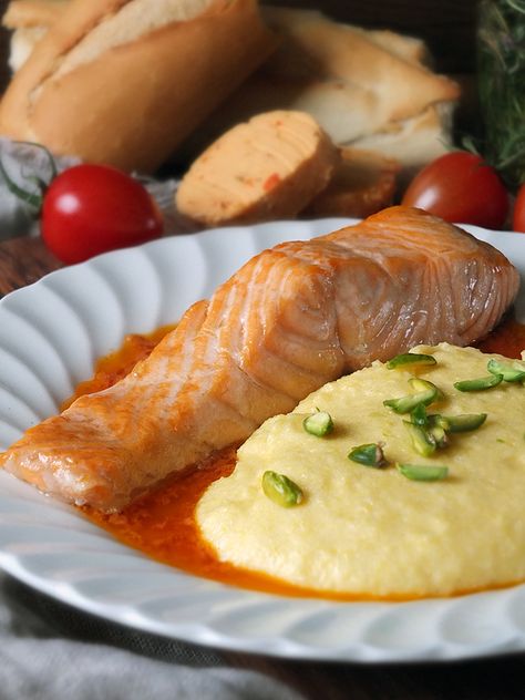 Grilled Scottish Salmon with Creamy Polenta, Pistachios & Tomato Butter | Elizabeth's Kitchen Diary Scottish Salmon Recipe, Sushi Recipe Video, Kitchen Diary, Mango Salsa Salmon, Smoked Salmon Salad, Scottish Salmon, Tomato Butter, Salmon Spinach, Recipes Seafood