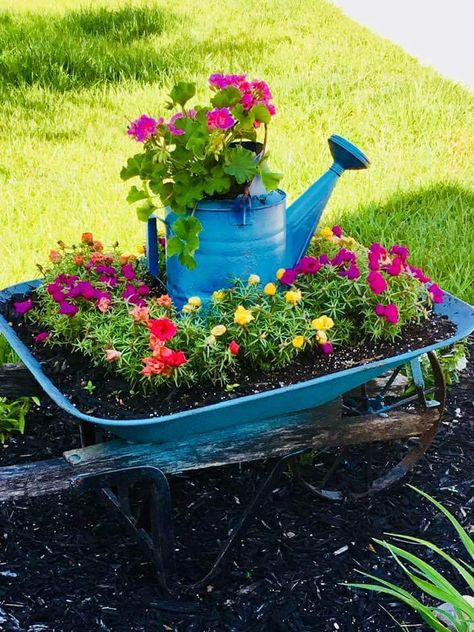 Wheelbarrow Planter Ideas, Wheelbarrow Succulent Planter Ideas, Flower Bed With Wheelbarrow, Succulent Wheelbarrow Garden, Flowers In Wheelbarrow, Plants In Wheelbarrow Flower, Recycled Garden Art, Upcycle Garden, Garden Decor Projects