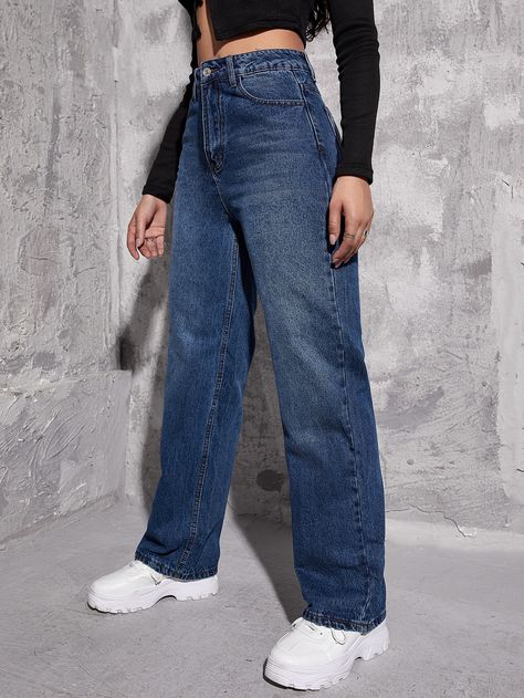 Dark Blue Jeans Women, High Waist Straight Jeans, Womens Trendy Dresses, Dior Makeup, Dark Blue Jeans, Loose Jeans, Jeans Women, Designer Jeans, Dark Wash Denim