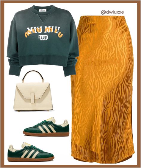 Skirts And Crewnecks, Skirt Autumn Outfit, Work Baddie, Auntie Vibes, Long Skirt Outfit, Satin Skirt Outfit, Yellow Skirt, Yellow Sweatshirt, Trendy Fashion Outfits