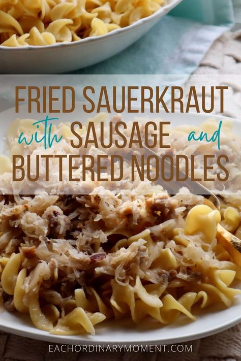 Egg Noodles Sausage, Ground Beef Sauerkraut Recipes, Sauerkraut Noodles And Sausage, Italian Sausage And Sauerkraut, Sourkrout And Sausage Recipe, Dinner Recipes With Sauerkraut, Sauerkraut And Noodles Recipes, Saurkraut Recipes With Potatoes, Saurkraut And Ground Beef Recipes