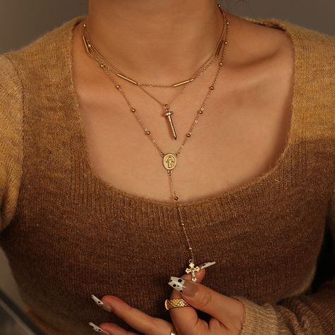 Virgencita Necklace, Necklace Stack, Our Lady Of Guadalupe, Lady Of Guadalupe, Rosary Necklace, Long Pendant Necklace, Gold Bracelet Chain, Long Pendant, The Cross