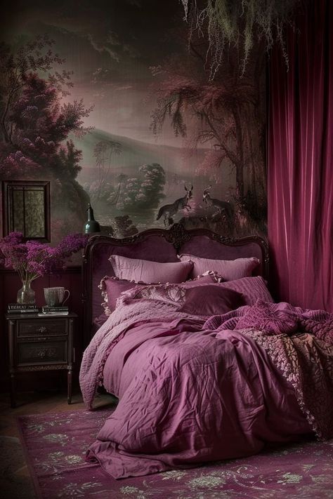 Romantic Maximalist Bedroom, Moody Bedroom Wallpaper, Moody Pink Bedroom, Dark Romantic Bedroom, Burgundy Bedroom, Fairytale Storybook, Philippines House, Boho Bedrooms, Vintage Bedroom Ideas