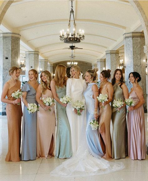 Bridesmaid Dresses Color Palette, Pastel Bridesmaids, Mix Match Bridesmaids, Spring Bridesmaid Dresses, Pastel Bridesmaid Dresses, Long Wedding Dress, Bridesmaid Colors, Mismatched Bridesmaids, Lovely Bride