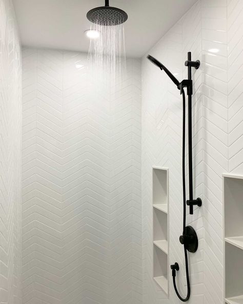 Chevron Shower Tile, White Herringbone Shower, Chevron Bathroom Tile, Chevron Tile Bathroom, Cozy Family Home, White Shower Tile, Save Or Splurge, Chevron Bathroom, Shower Wall Tile