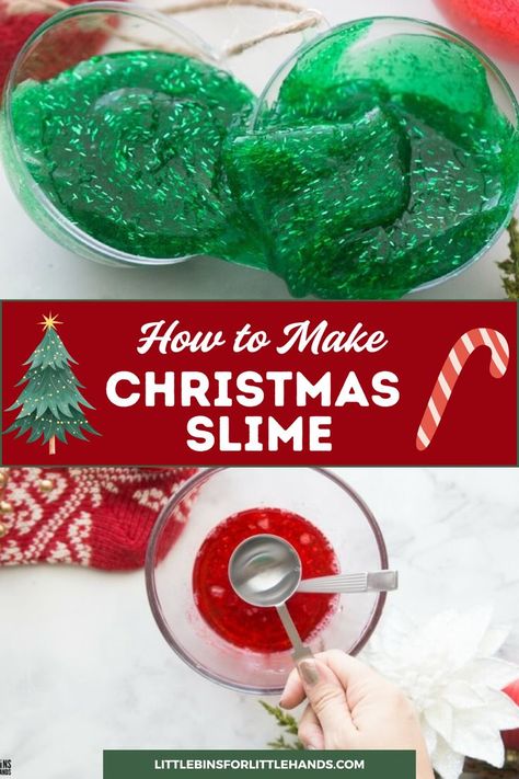 Learn how to make this festive Christmas slime recipe! Making slime is so simple when you have the right slime recipes and a little practice! This super easy Christmas slime is a fun and festive activty for kids. Add tinsel glitter to the homemade slime and fill plastic ornaments! This makes a great kids holiday party favor or activity. Make at home or at school. Kids Holiday Party Favors, Grinch Slime, Homemade Takeout, Kids Holiday Party, Basic Slime Recipe, Borax Free Slime, Christmas Science Activities, Christmas Slime, Christmas Science Experiments