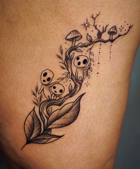 Soot Gremlins Tattoo, Kodama Tree Spirit Tattoo, A Hearts A Heavy Burden Tattoo, Forest Spirit Tattoo, Nausicaa Tattoo, Tree Spirit Tattoo, Studio Ghibli Flash Tattoo, Ghibli Tattoo Ideas, Studio Ghibli Tattoo Ideas