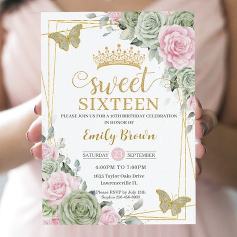 Sweet 16 Twins, Girly Invitation, Butterfly Sweet 16, Silver Sweet 16, Glitter Typography, Elegant Birthday Invitations, Sage Green Flowers, Pink Sweet 16, Sweet Sixteen Birthday Party Ideas